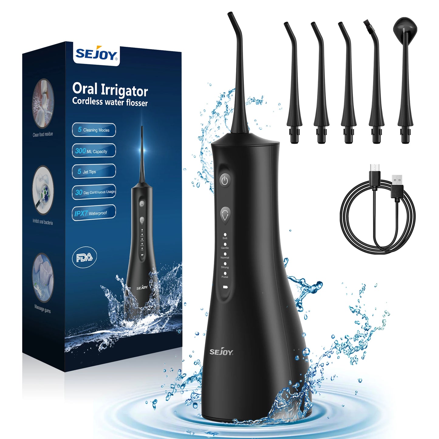 Hydropulseur SEJOY Jet Dentaire Professionnel, Irrigateur Oral Portable et Rechargeable 300ml IPX7 Étanche 5 Modes