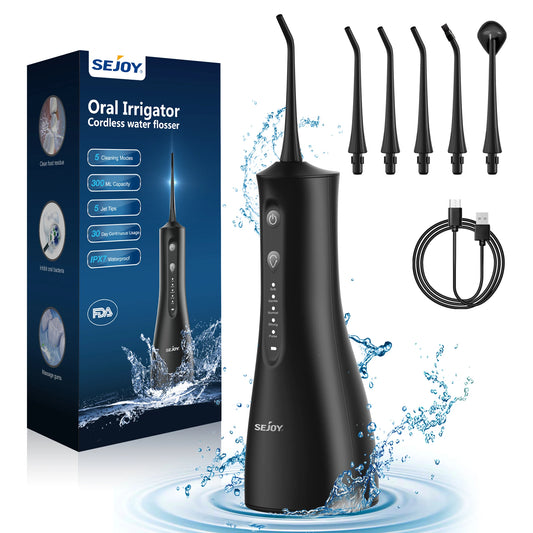 Hydropulseur SEJOY Jet Dentaire Professionnel, Irrigateur Oral Portable et Rechargeable 300ml IPX7 Étanche 5 Modes