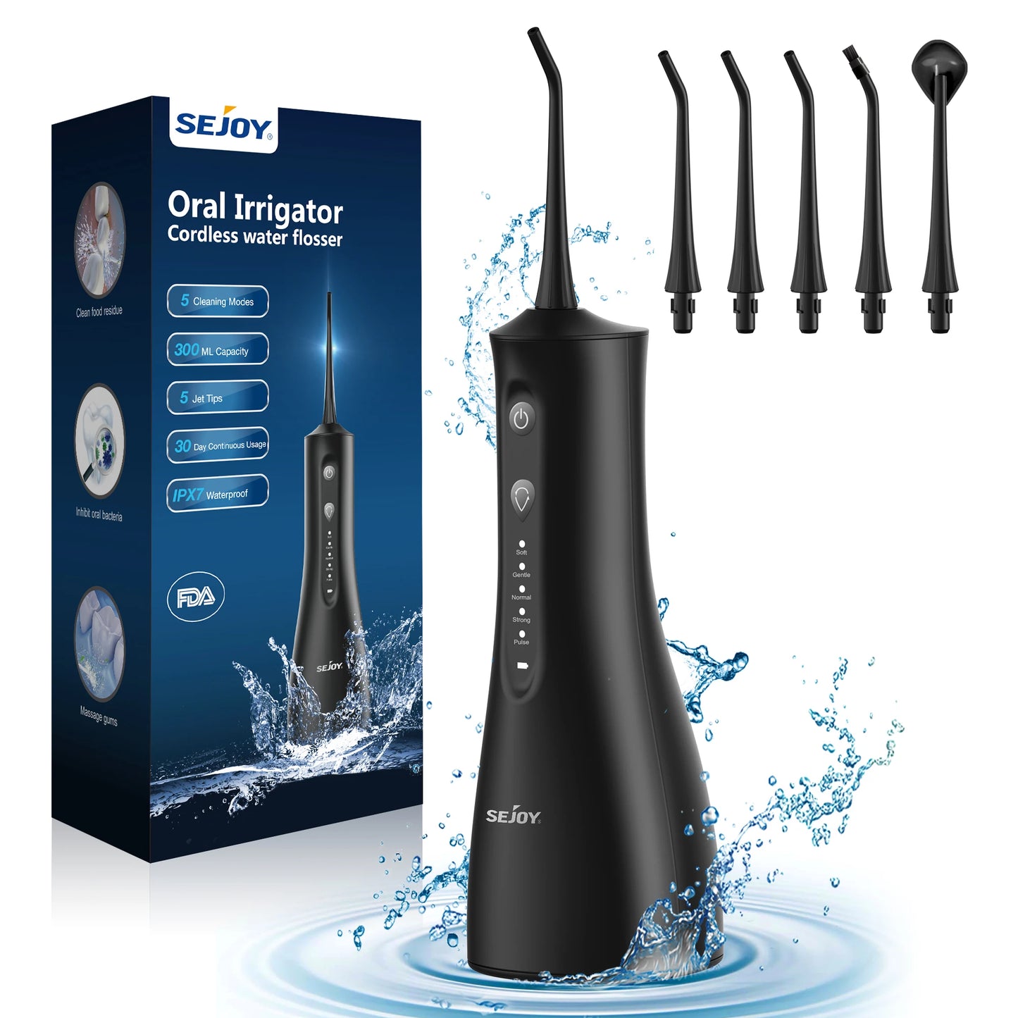 Hydropulseur SEJOY Jet Dentaire Professionnel, Irrigateur Oral Portable et Rechargeable 300ml IPX7 Étanche 5 Modes