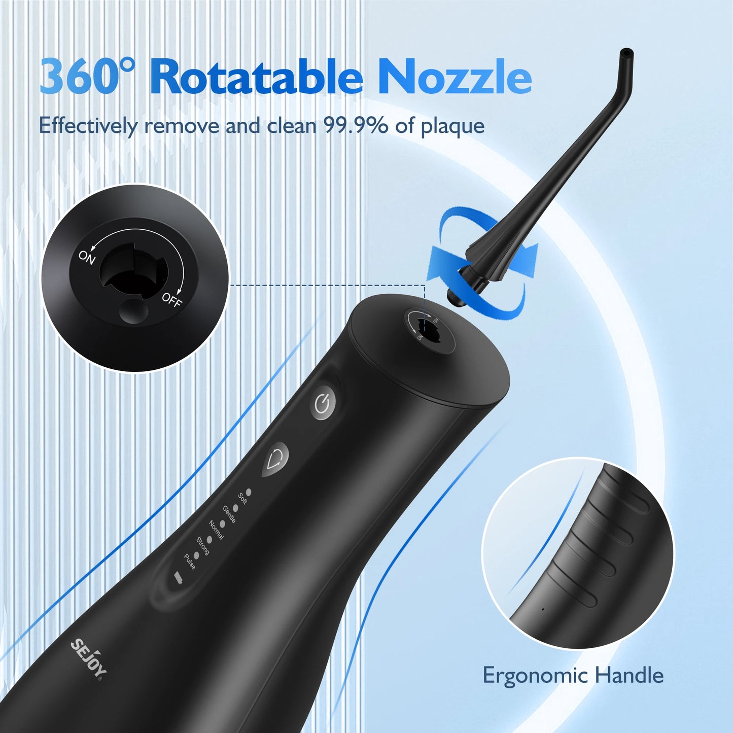 Hydropulseur SEJOY Jet Dentaire Professionnel, Irrigateur Oral Portable et Rechargeable 300ml IPX7 Étanche 5 Modes