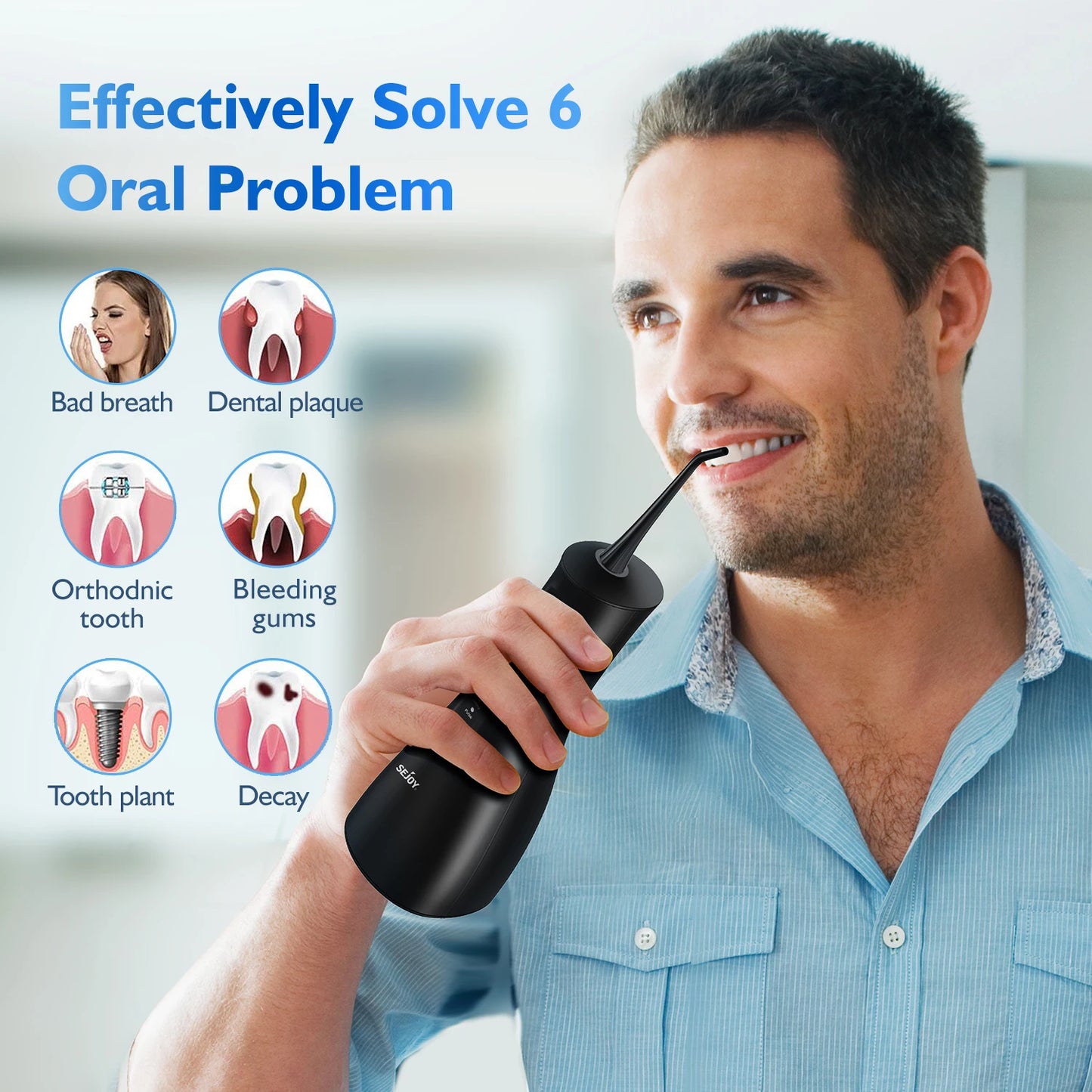 Hydropulseur SEJOY Jet Dentaire Professionnel, Irrigateur Oral Portable et Rechargeable 300ml IPX7 Étanche 5 Modes